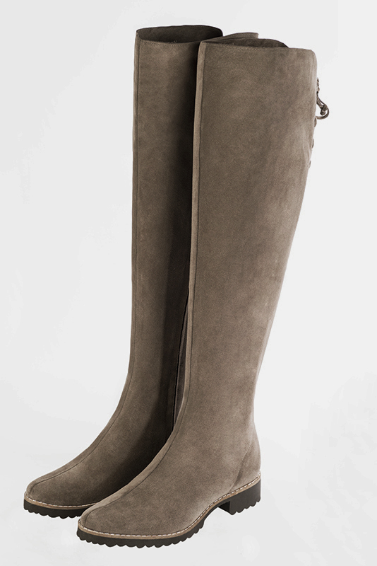 Tan beige women's leather thigh-high boots. Round toe. Flat rubber soles. Made to measure. Front view - Florence KOOIJMAN